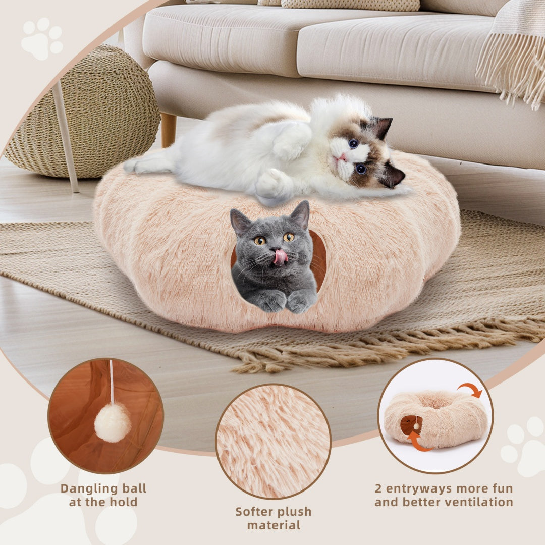 Cat Tunnel Bed For Indoor, Soft Plush Peekaboo Cat Cave Donut Tunnel, For Cats Kittens, Rabbit - Nook & Nest