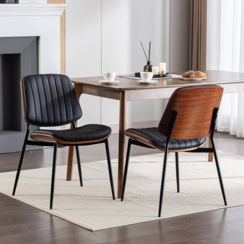 Dining Chairs Set Of 2 Mid Century Modern Retro Faux Leather Chair With Walnut Bentwood Back Upholstered Seat Metal Legs Adjustable Foot For Kitchen Dining Room Chairs - Nook & Nest