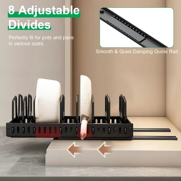 Pull Out Pots And Pans Organizer Under Cabinet With 8 Adjustable Dividers Rustproof Carbon Steel Sliding Pots Holder For Kitchen Cookware Bakeware Pots Lids Storage - Nook & Nest