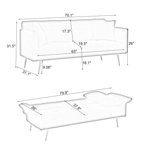 70.1 Inches Futon Sofa Bed, Convertible Double Sofa Bed With Folding Armrests For Living Rooms And Small Spaces - Nook & Nest