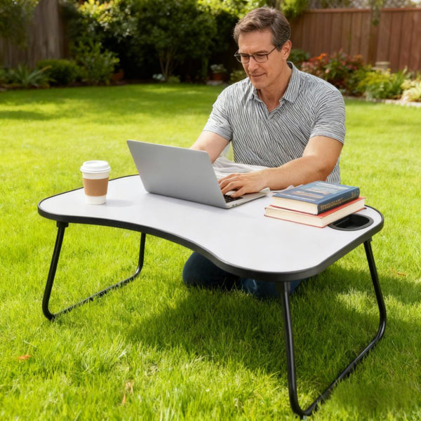 Portable Laptop Desk, Gray And White Matte Metal And Wood Construction, Foldable Design With Cup Holder, 26.5 X 18.5 Inches, For Bed, Car, Couch, Home & Outdoor Use (Grey+White Matte) - Nook & Nest