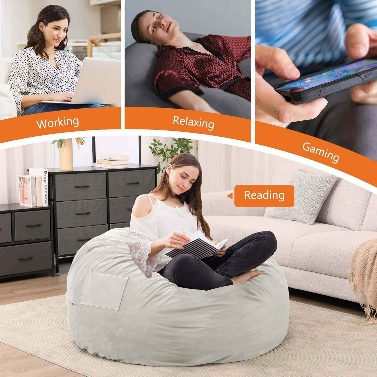 Ultimate Comfort Giant Bean Bag Chair with Washable Cover & Handy Side Pocket - Nook & Nest