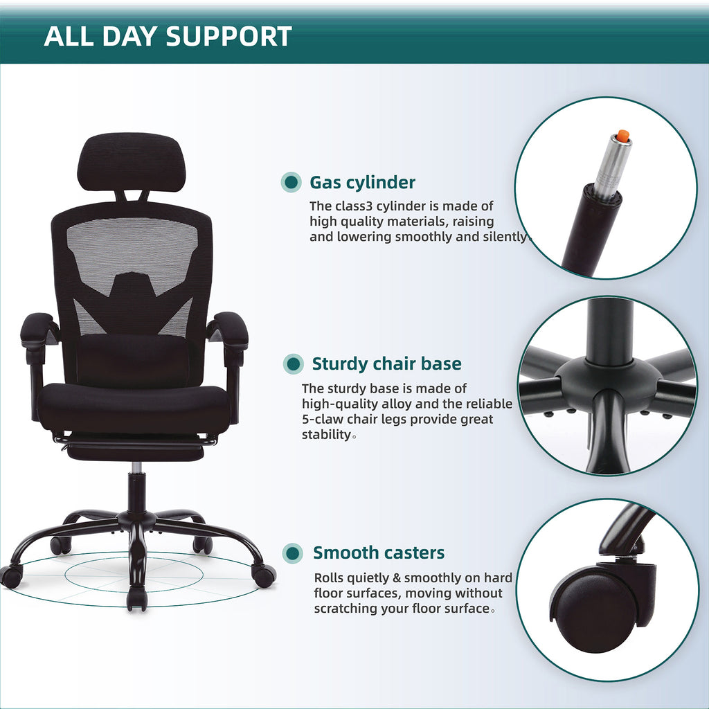 Retractable Footrest Ergonomic Swivel Office Chair With Lumbar Support Pillow And Padded Armrests - Nook & Nest