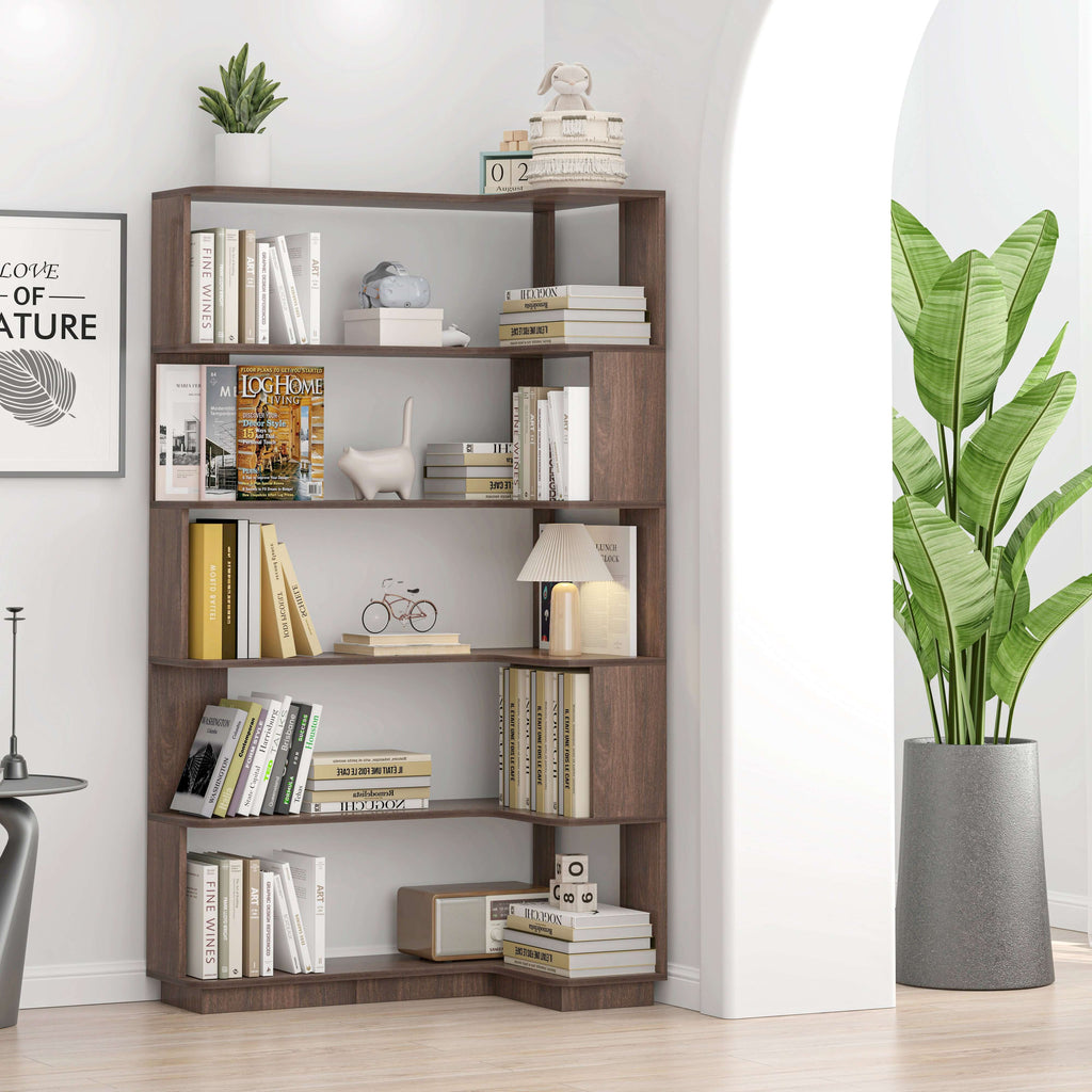 Elevate Your Space with Our Freestanding Corner Bookshelf – Dark Brown MDF - Nook & Nest
