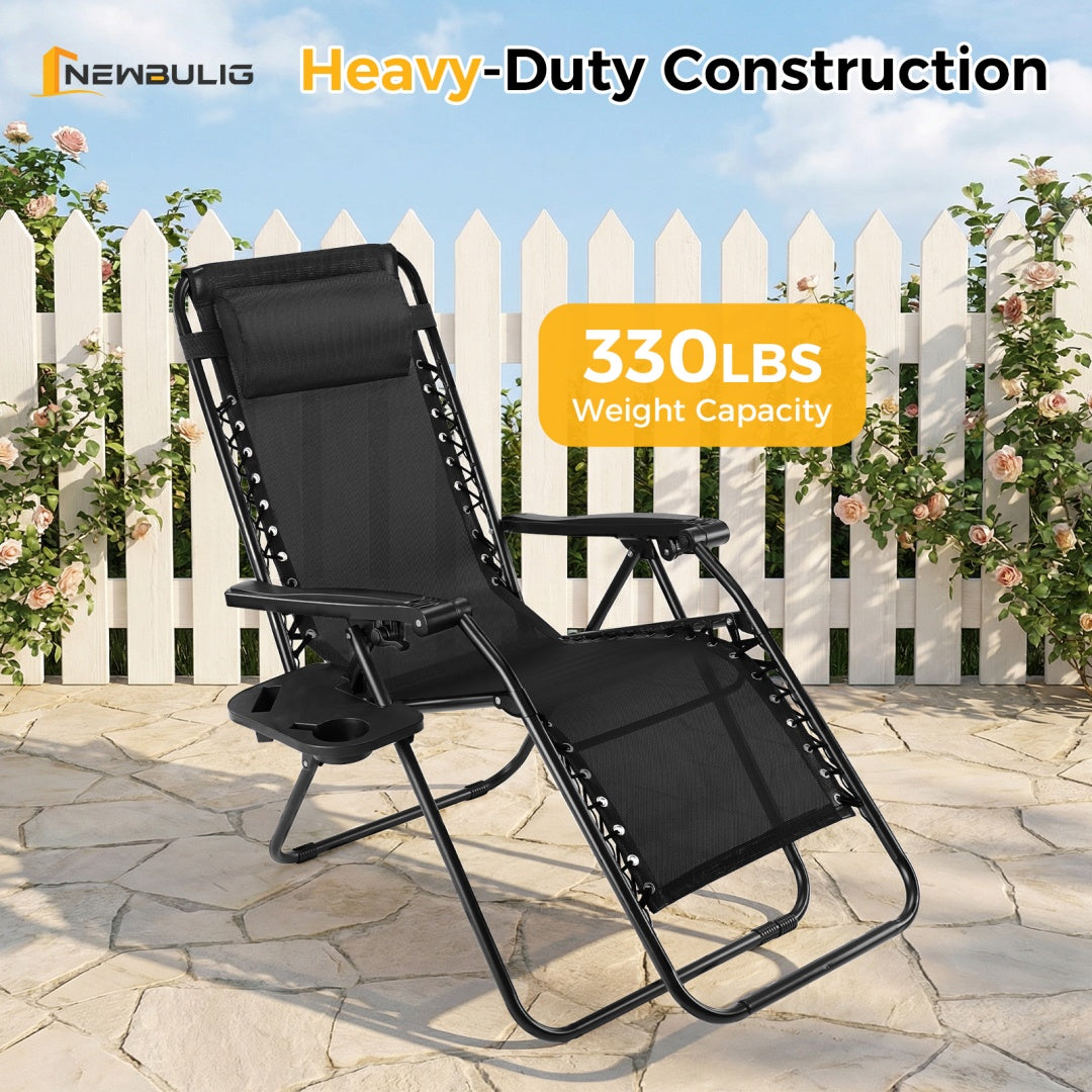 Outdoor Lounge Chairs, 2 Sets Patio Folding Recliners For Pool Beach With Pillow And Cup Holder - Nook & Nest
