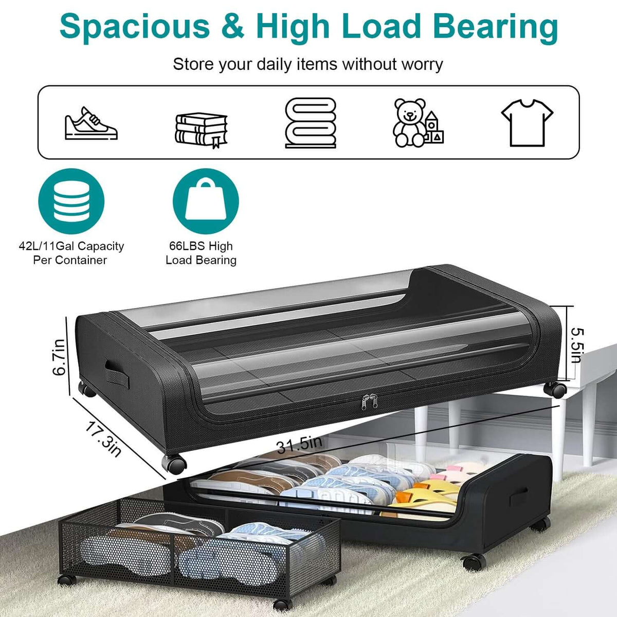 Under Bed Storage Containers - Streamline Your Space with Clear Lids & Wheels (2 Pack, 42L) - Nook & Nest