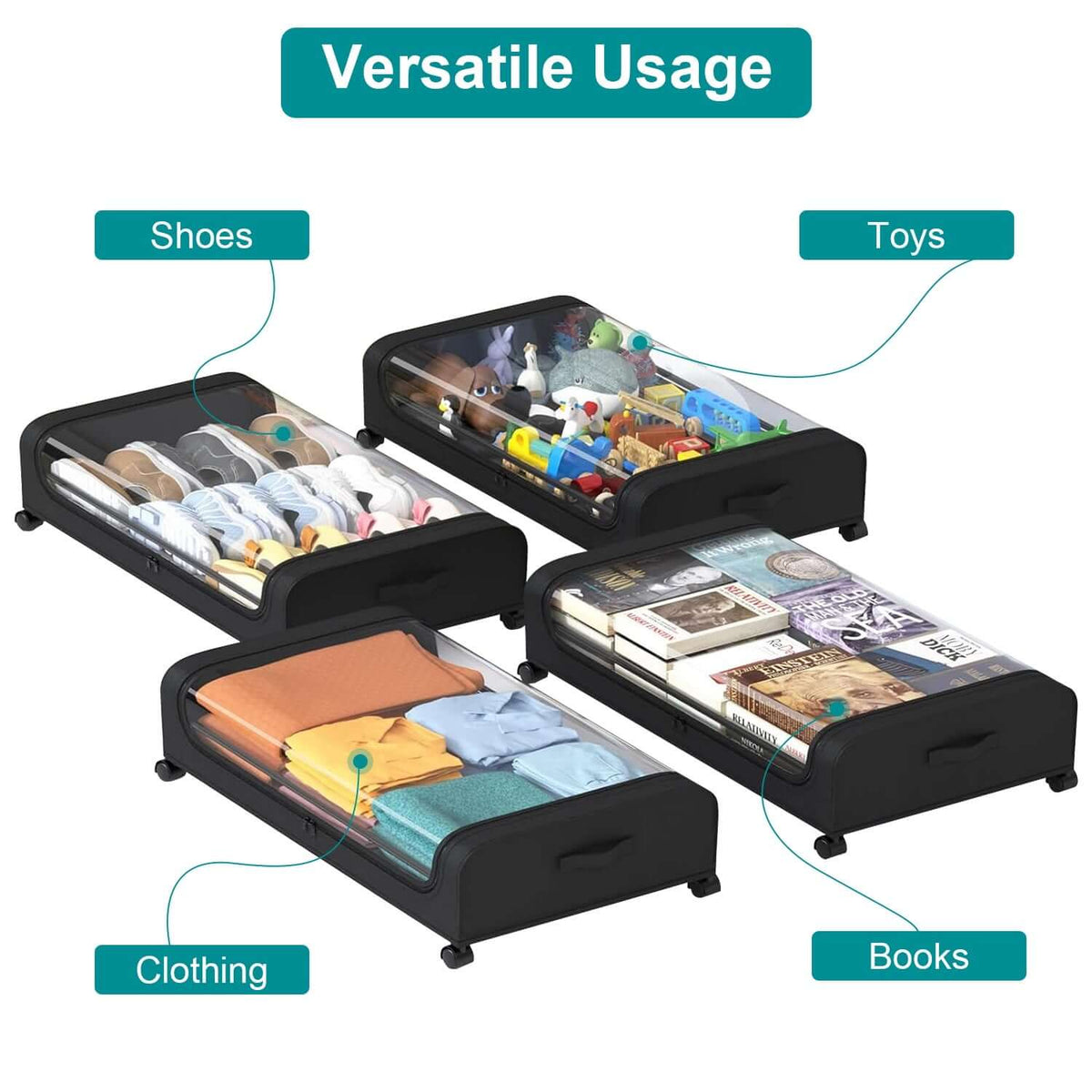 Under Bed Storage Containers - Streamline Your Space with Clear Lids & Wheels (2 Pack, 42L) - Nook & Nest