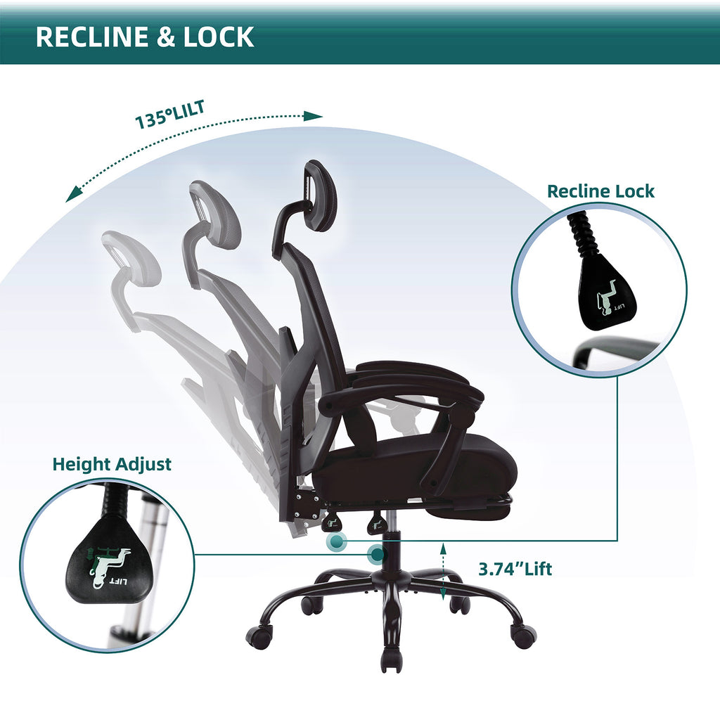Retractable Footrest Ergonomic Swivel Office Chair With Lumbar Support Pillow And Padded Armrests - Nook & Nest