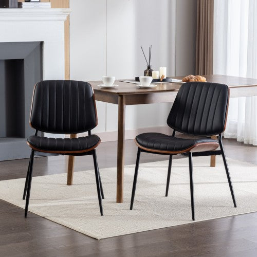 Dining Chairs Set Of 2 Mid Century Modern Retro Faux Leather Chair With Walnut Bentwood Back Upholstered Seat Metal Legs Adjustable Foot For Kitchen Dining Room Chairs - Nook & Nest