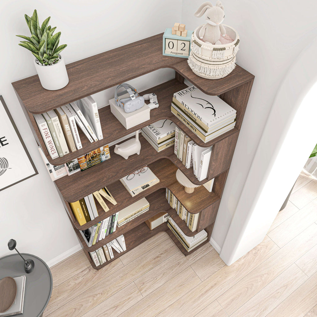 Elevate Your Space with Our Freestanding Corner Bookshelf – Dark Brown MDF - Nook & Nest
