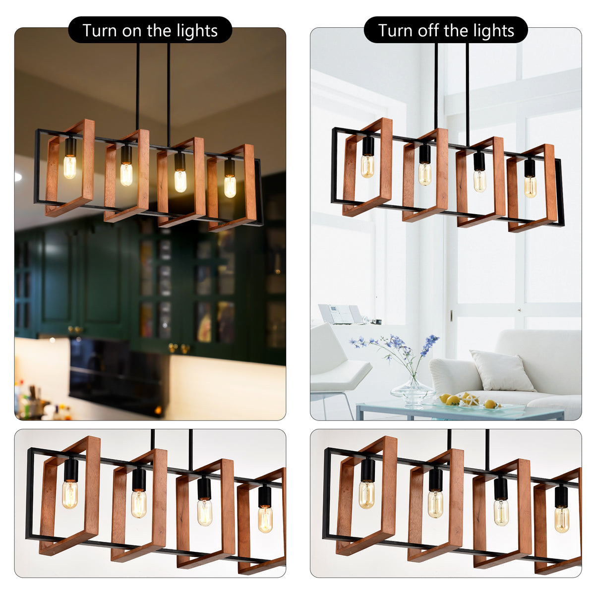 4-Light Kitchen Island Pendant Lights Farmhouse Dining Room Light Fixture, Rustic Wood And Black Metal Rectangular Chandelier, Hanging Lighting For Living Room,Conference Room, Home Office - Nook & Nest