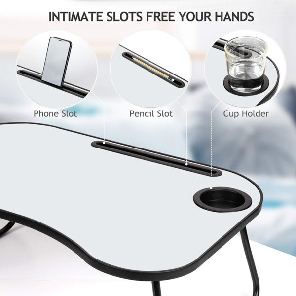 Portable Laptop Desk, Gray And White Matte Metal And Wood Construction, Foldable Design With Cup Holder, 26.5 X 18.5 Inches, For Bed, Car, Couch, Home & Outdoor Use (Grey+White Matte) - Nook & Nest