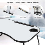 Portable Laptop Desk, Gray And White Matte Metal And Wood Construction, Foldable Design With Cup Holder, 26.5 X 18.5 Inches, For Bed, Car, Couch, Home & Outdoor Use (Grey+White Matte) - Nook & Nest