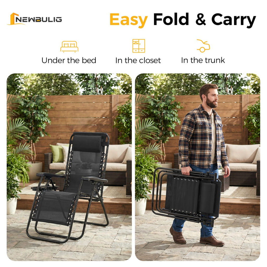 Outdoor Lounge Chairs, 2 Sets Patio Folding Recliners For Pool Beach With Pillow And Cup Holder - Nook & Nest
