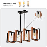 4-Light Kitchen Island Pendant Lights Farmhouse Dining Room Light Fixture, Rustic Wood And Black Metal Rectangular Chandelier, Hanging Lighting For Living Room,Conference Room, Home Office - Nook & Nest