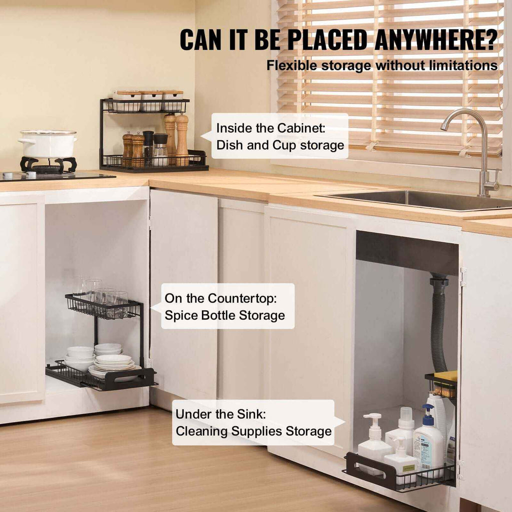 Under Sink Organizer - 2-Tier Pull-Out Solution with Handle & Non-Slip Pads - Nook & Nest