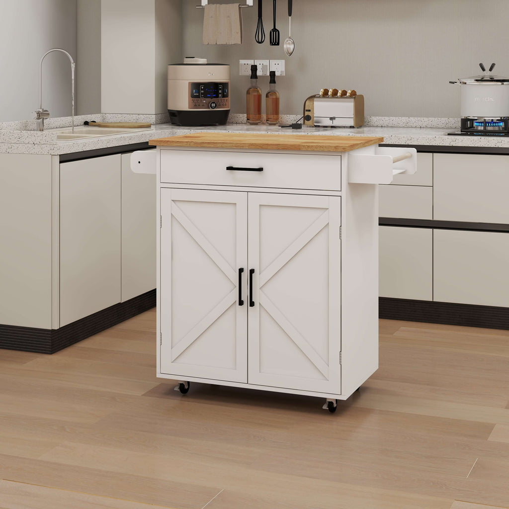 Charming Farmhouse Kitchen Island Cart with Rubber Wood Top and Barn Doors - Nook & Nest