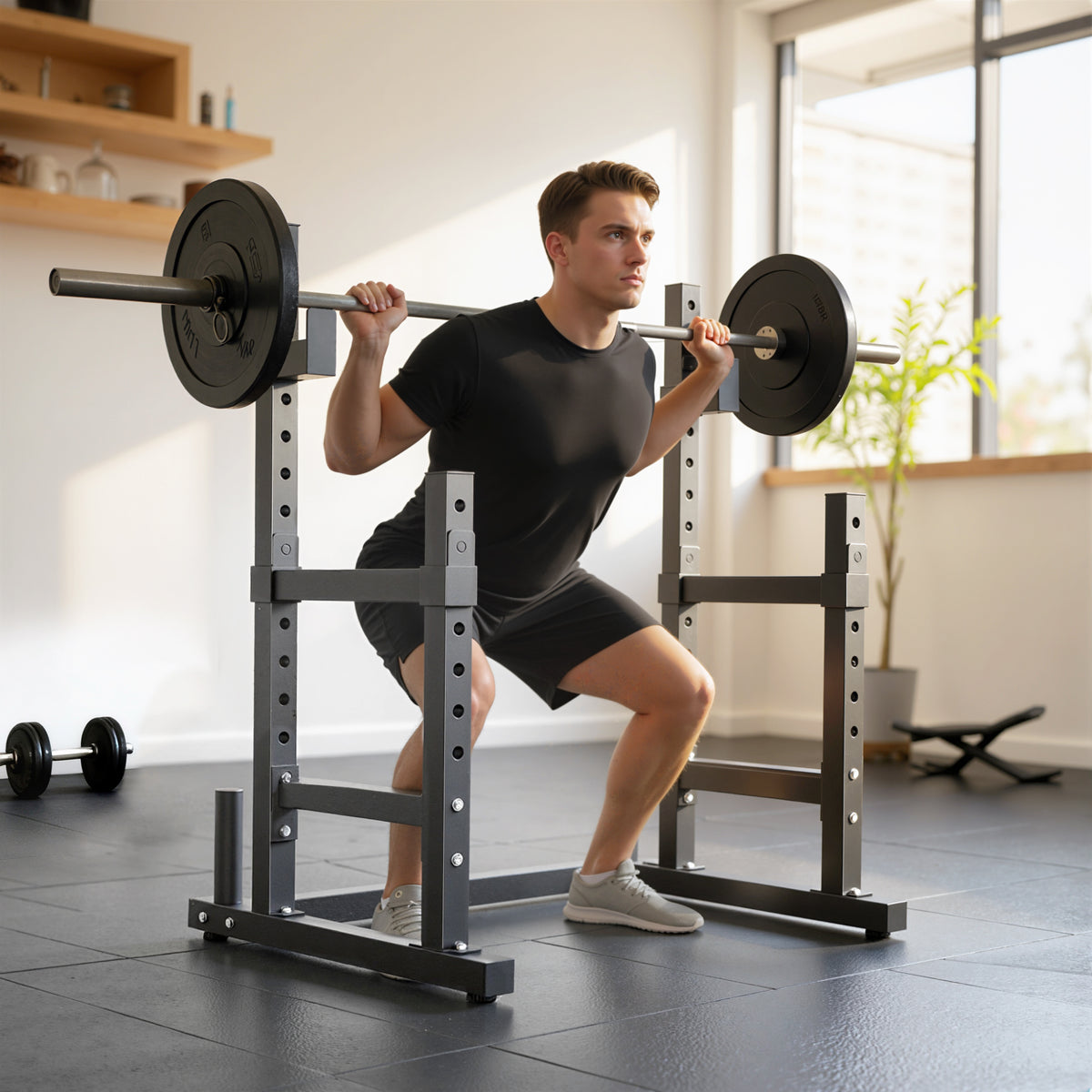 Adjustable Squat Rack, 660lbs Multi-Functional Bench Press Rack for Weight Lifting Home Gym Strength Training, Black - Nook & Nest