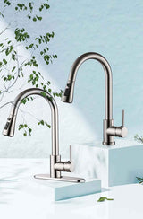 Brushed Stainless Steel Kitchen Faucet – Pull-Out Spray, Single Lever, Nook & Nest