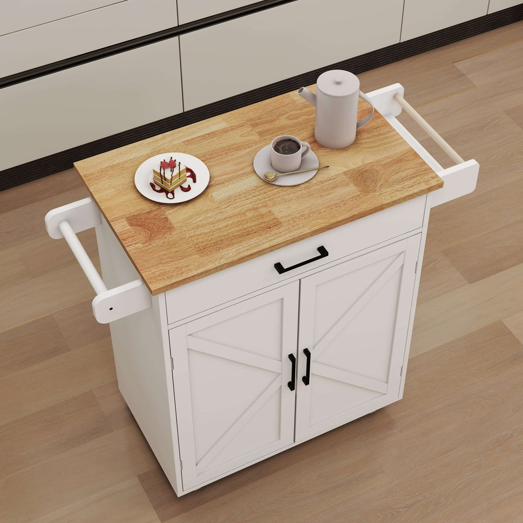 Charming Farmhouse Kitchen Island Cart with Rubber Wood Top and Barn Doors - Nook & Nest