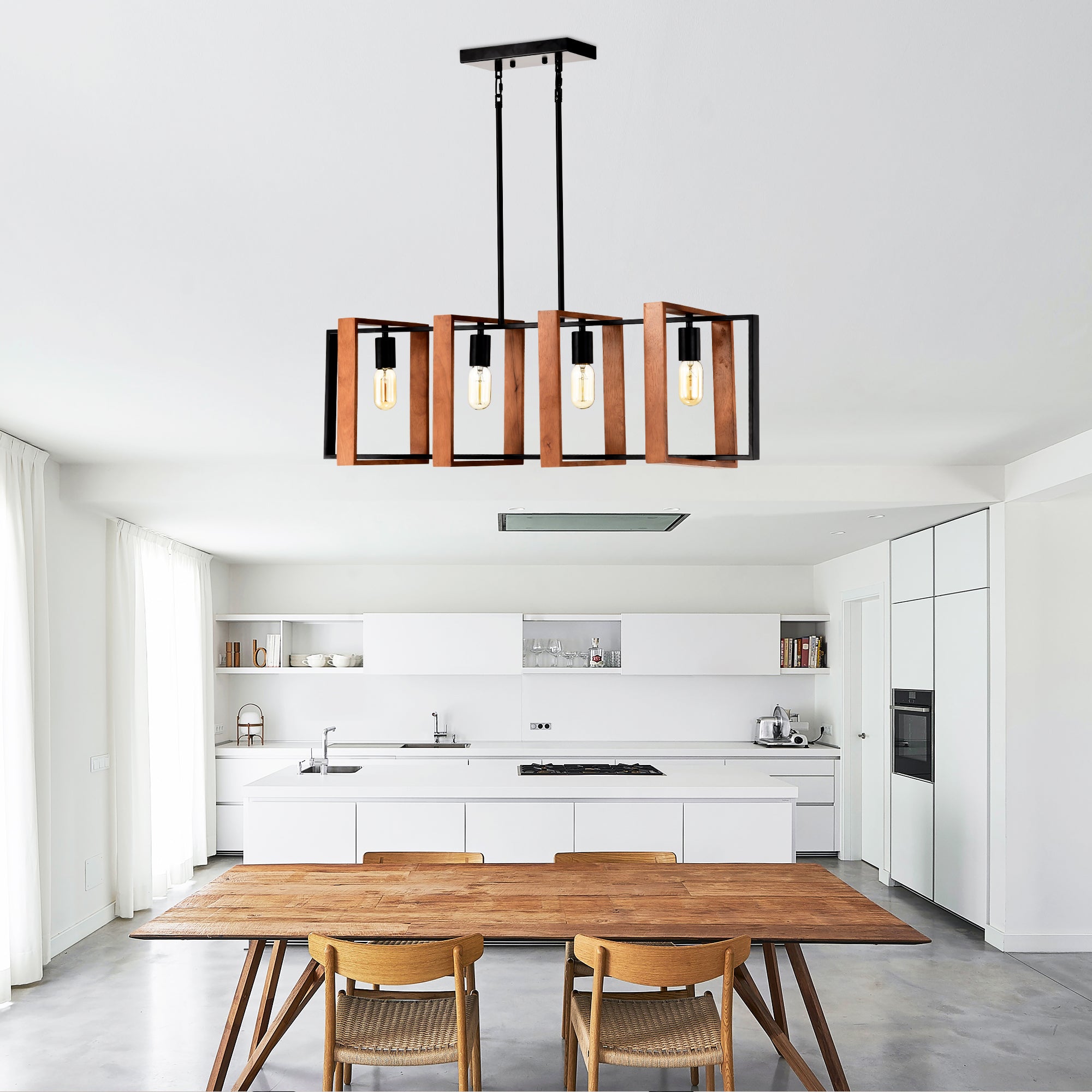 4-Light Kitchen Island Pendant Lights Farmhouse Dining Room Light Fixture, Rustic Wood And Black Metal Rectangular Chandelier, Hanging Lighting For Living Room,Conference Room, Home Office - Nook & Nest