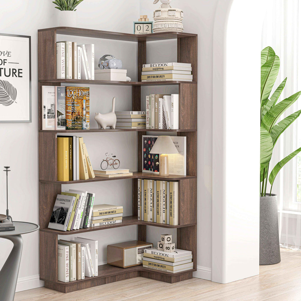 Elevate Your Space with Our Freestanding Corner Bookshelf – Dark Brown MDF - Nook & Nest