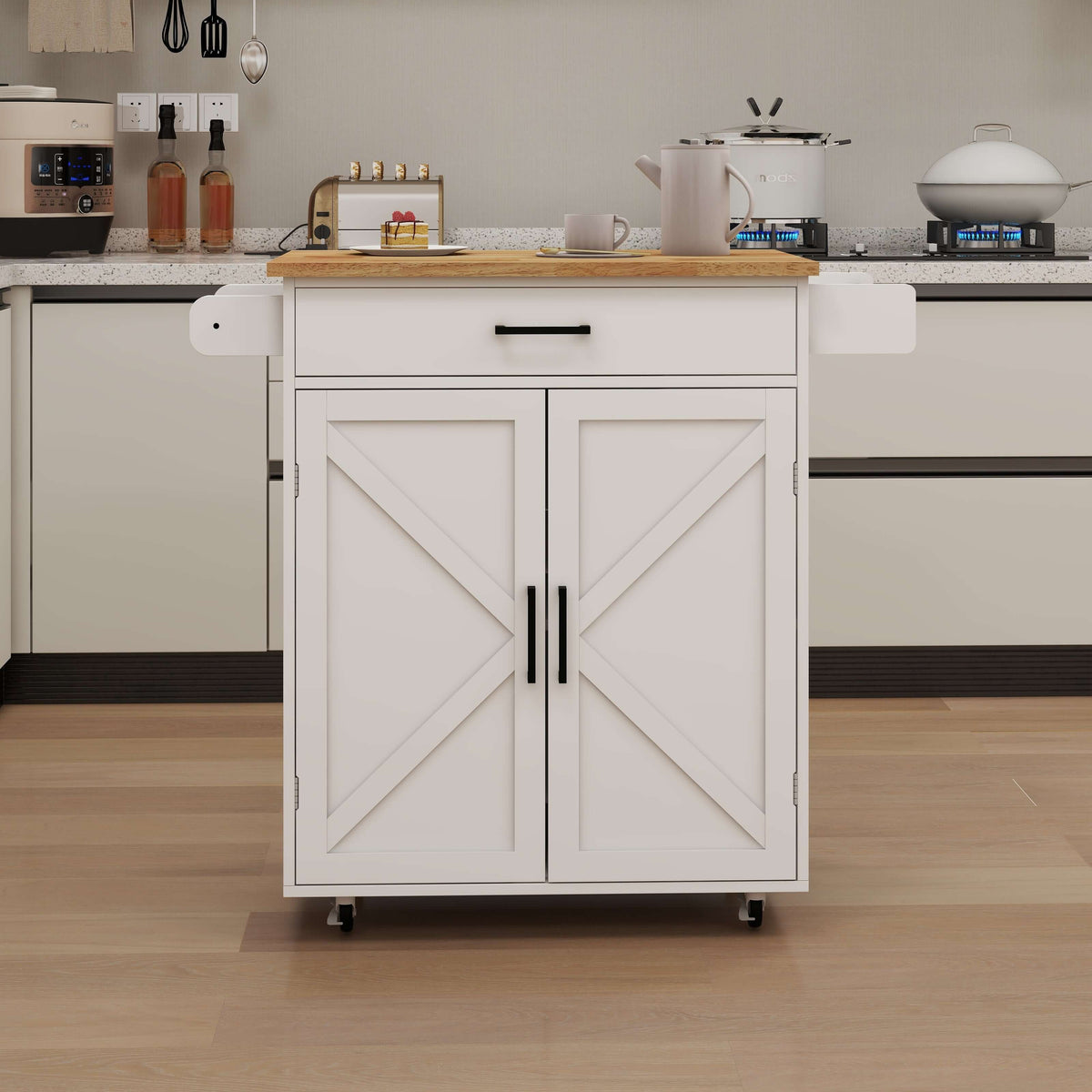 Charming Farmhouse Kitchen Island Cart with Rubber Wood Top and Barn Doors - Nook & Nest