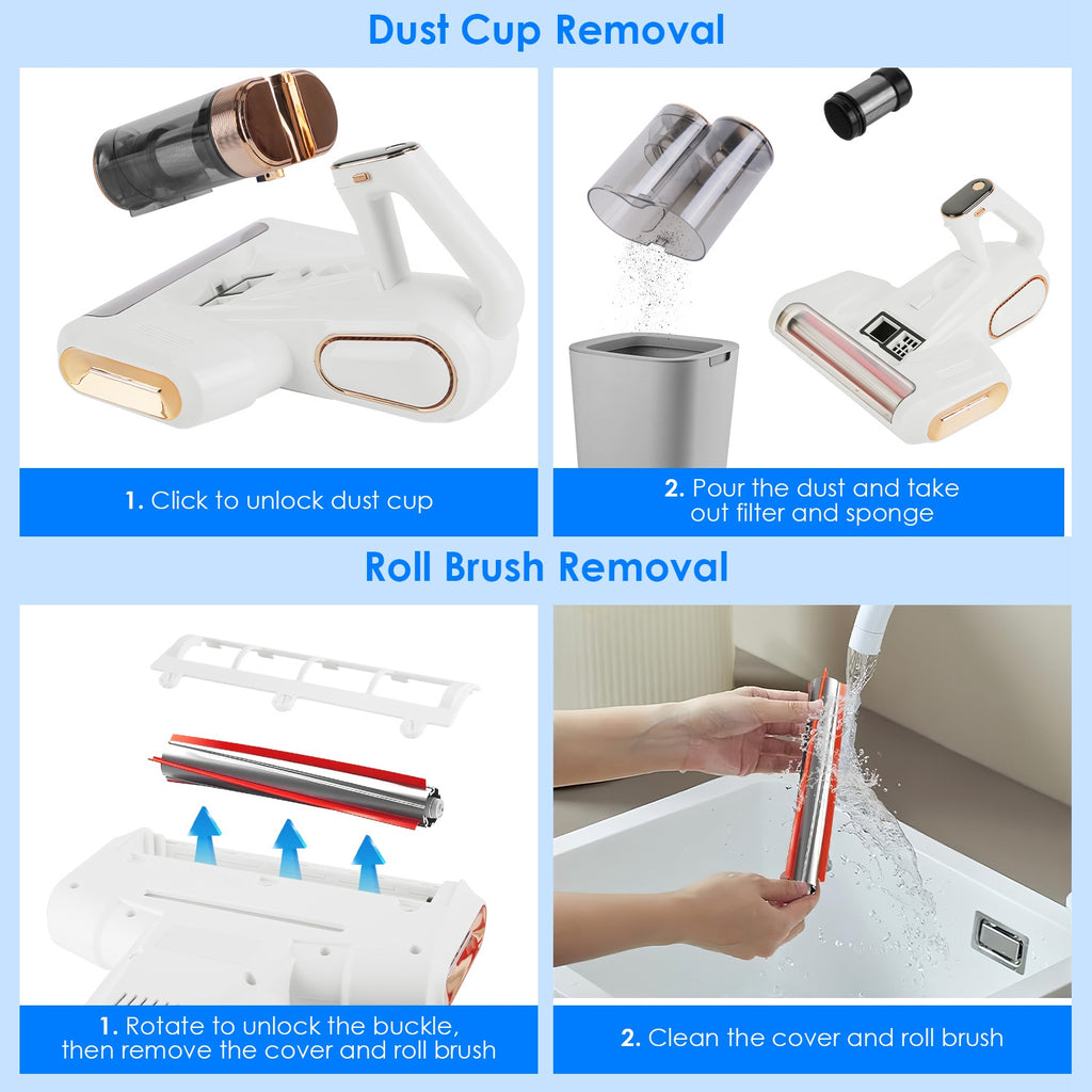 1Pc Mattress Vacuum Cleaner 16Kpa Bed Vacuum Cleaner Handheld Vacuums With Ultrasonic And UVC Light 18000 RPM Brushroll Rotation Dual Dust Bins Washable Filters For Bed Pillows Cribs Sofa - Nook & Nest