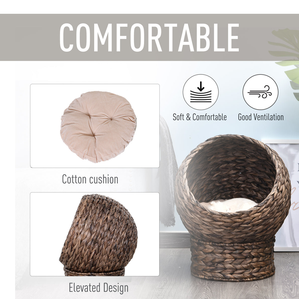 Handwoven Elevated Cat Bed: Cozy Wicker Cat Egg Chair with Soft Cushion and Rotating Basket - Nook & Nest