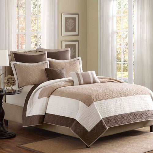 7 Piece Quilt Set With Euro Shams And Throw Pillows Beige FullQueen - Nook & Nest