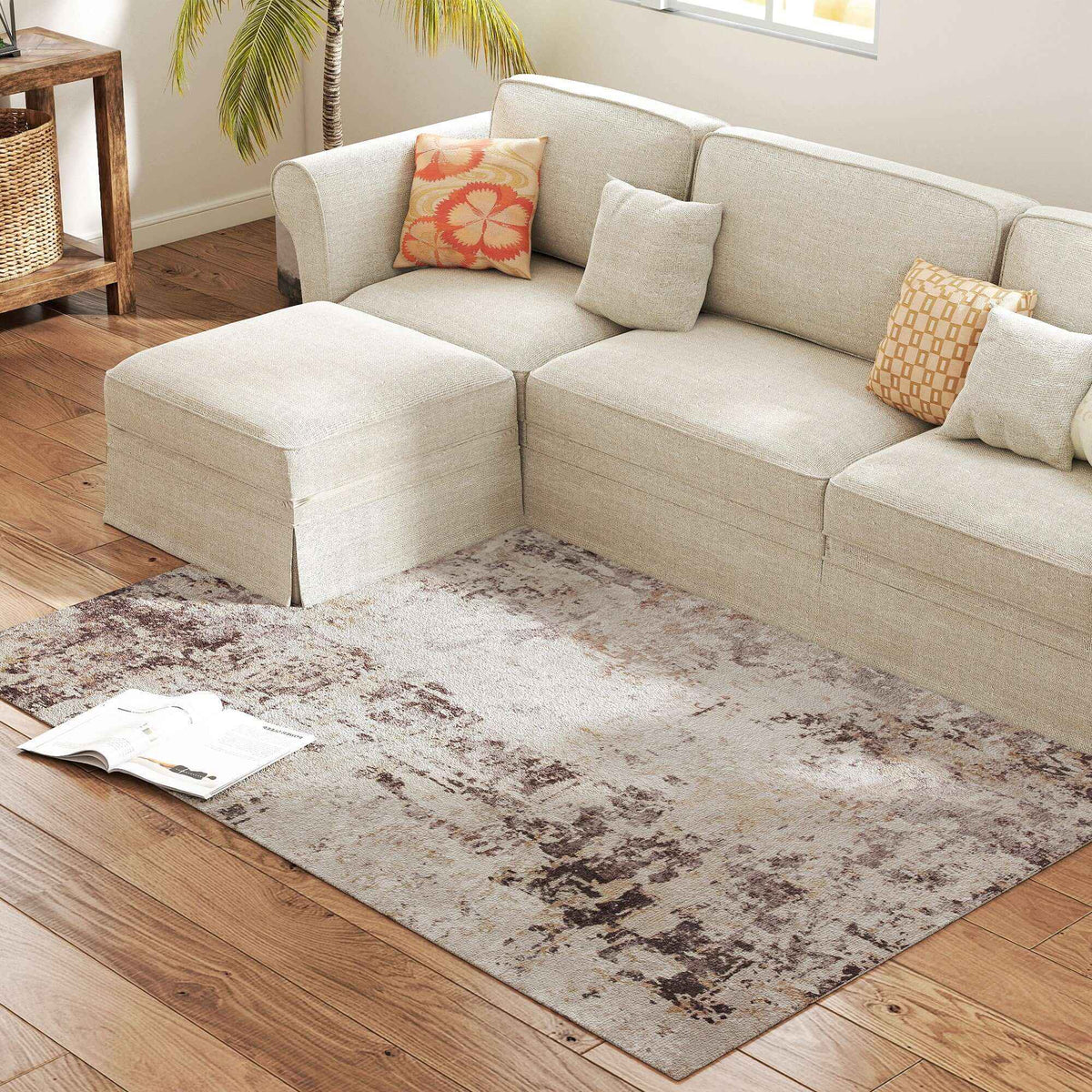 Machine Washable Area Rug 4x6 – Soft, Non-Slip Chenille in Mixed Brown - Nook & Nest