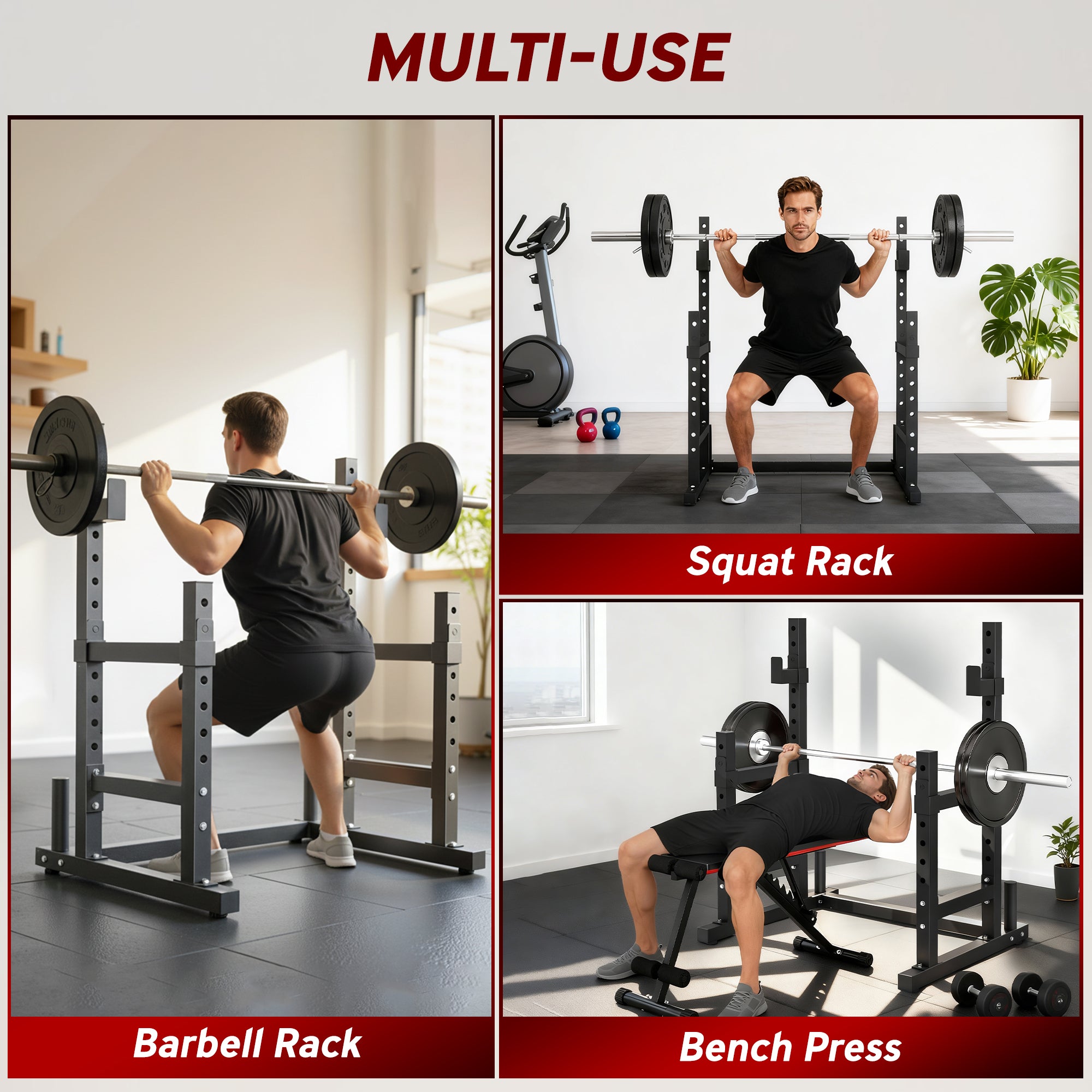 Adjustable Squat Rack, 660lbs Multi-Functional Bench Press Rack for Weight Lifting Home Gym Strength Training, Black - Nook & Nest