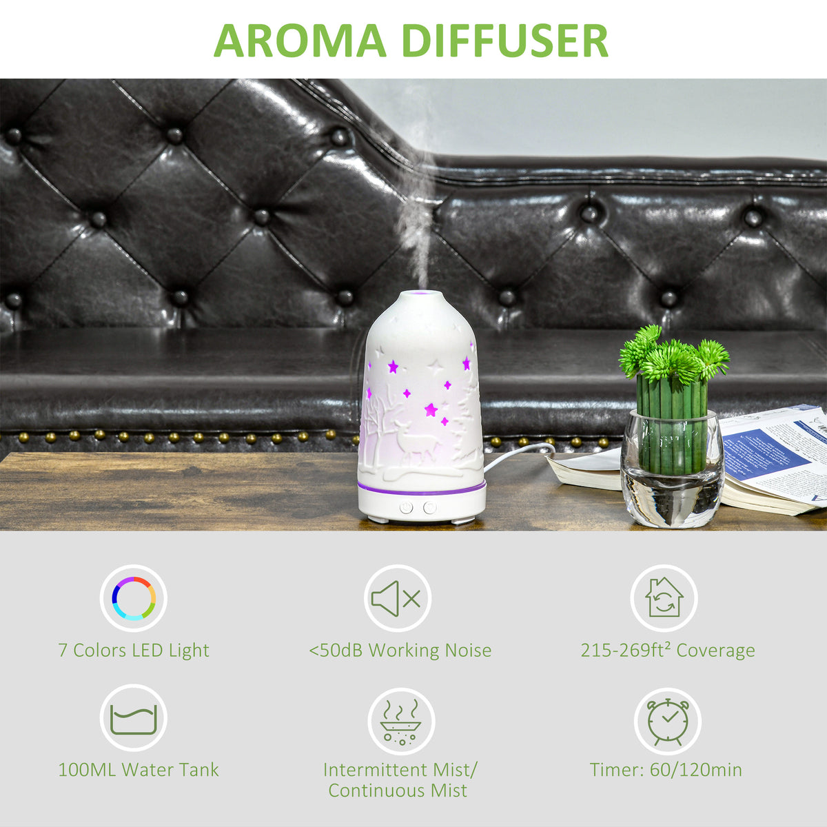 Elevate Your Space with the Ultrasonic Aromatherapy Diffuser – 100ml Ceramic Cover Humidifier with 7 LED Colors - Nook & Nest
