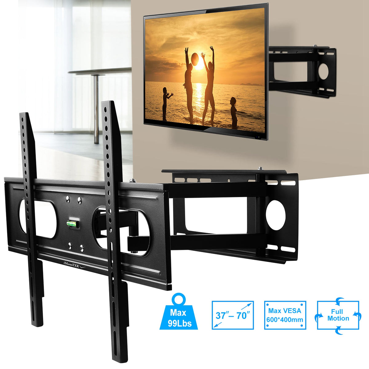 1Pc Full Motion TV Wall Mount Swivel Tilt TV Wall Rack Support 37in To 70in TV Wall Mount Max VESA Up To 600x400mm Holds Up To 99LBS - Nook & Nest