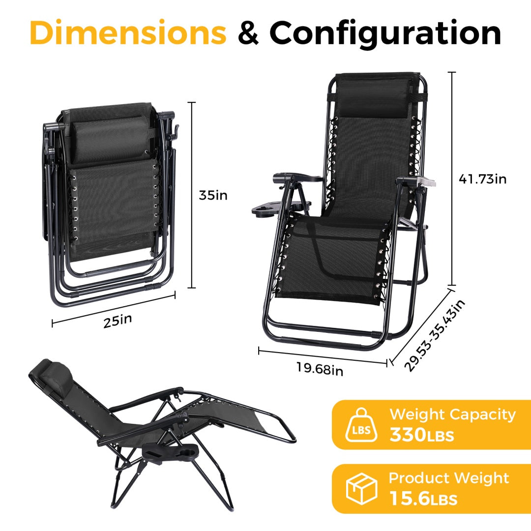 Outdoor Lounge Chairs, 2 Sets Patio Folding Recliners For Pool Beach With Pillow And Cup Holder - Nook & Nest