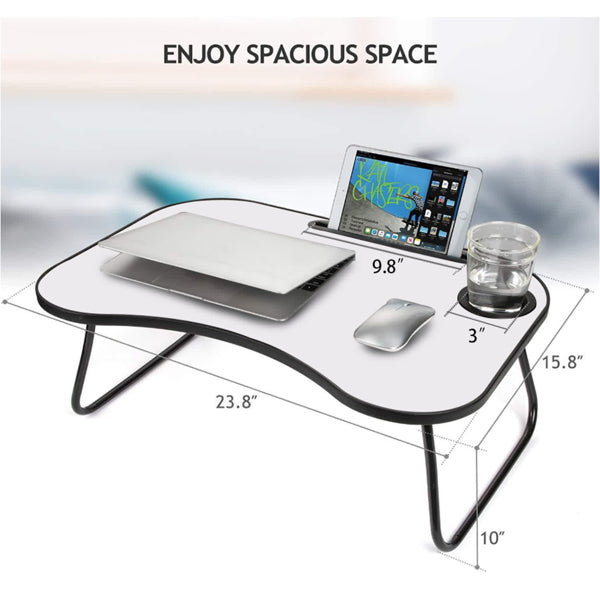 Portable Laptop Desk, Gray And White Matte Metal And Wood Construction, Foldable Design With Cup Holder, 26.5 X 18.5 Inches, For Bed, Car, Couch, Home & Outdoor Use (Grey+White Matte) - Nook & Nest