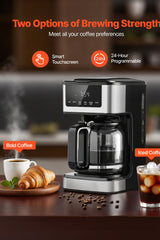 Programmable Coffee Maker, 12 Cup Programmable Drip Coffee Makers With Touch Screen, 4-Hour Keep Warm Coffee Makers Drips, 2 Brew Strengths Drip Coffee Machine For Home, 24-Hour Programmable - Nook & Nest