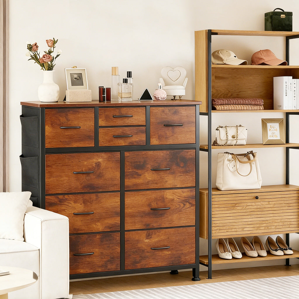 10-Drawer Dresser With Side Pocket & Hooks, Storage Cabinet With Wood Top For Bedroom Closet Organization - Nook & Nest