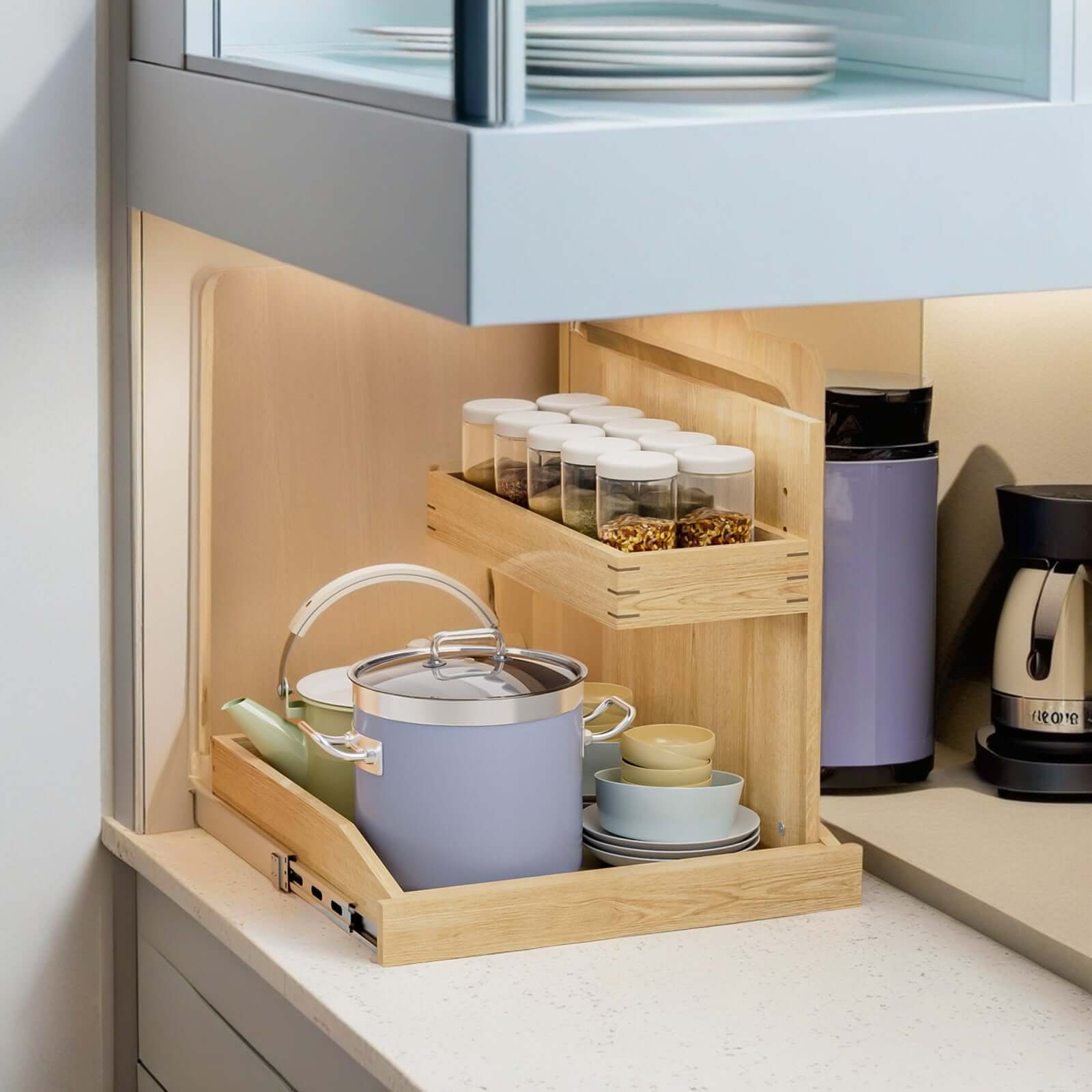 Elevate Your Space with the 2-Tier Pull-Out Cabinet Organizer – Soft-Close Convenience - Nook & Nest