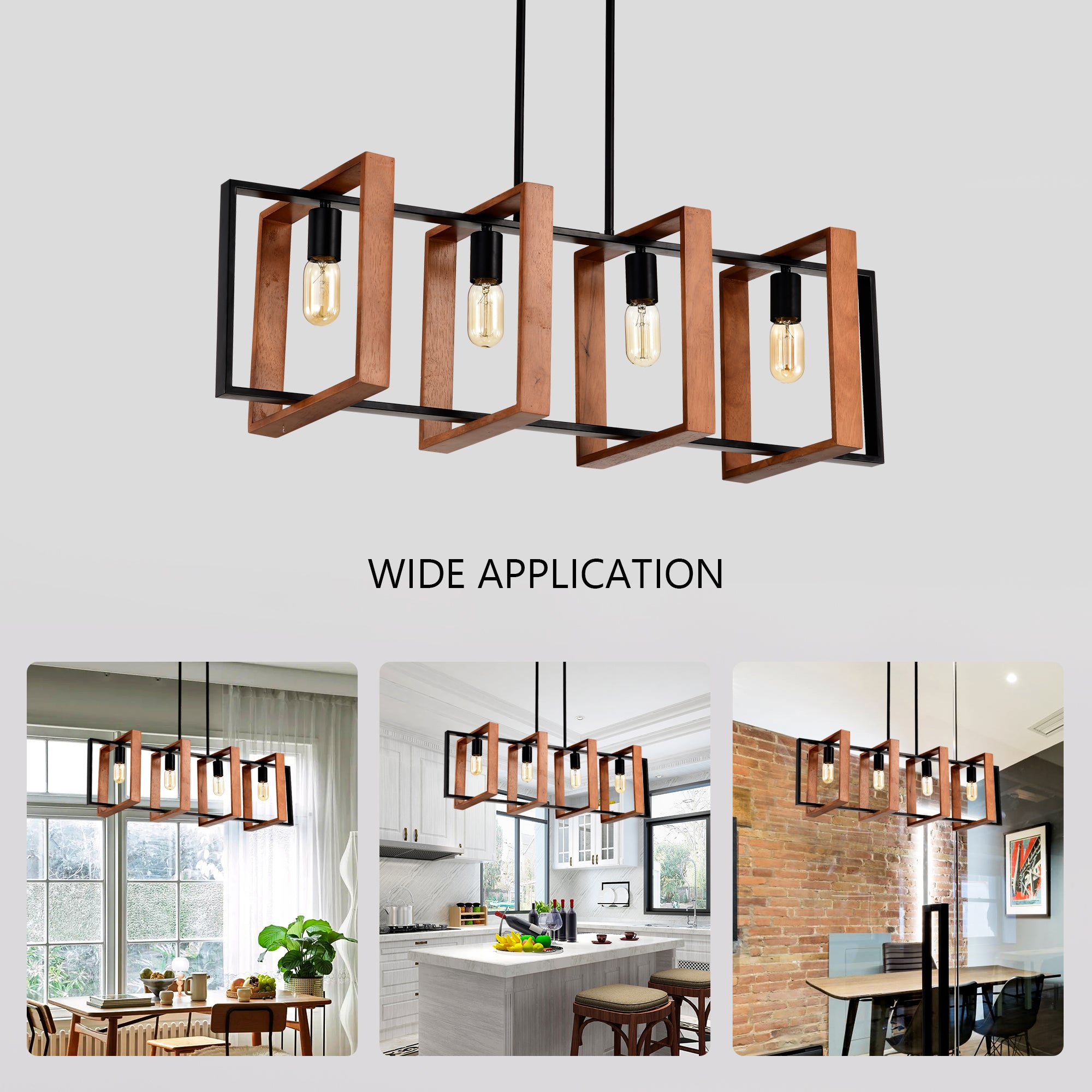 4-Light Kitchen Island Pendant Lights Farmhouse Dining Room Light Fixture, Rustic Wood And Black Metal Rectangular Chandelier, Hanging Lighting For Living Room,Conference Room, Home Office - Nook & Nest
