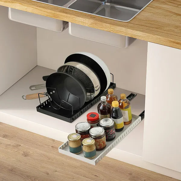 Pull Out Pots And Pans Organizer Under Cabinet With 8 Adjustable Dividers Rustproof Carbon Steel Sliding Pots Holder For Kitchen Cookware Bakeware Pots Lids Storage - Nook & Nest