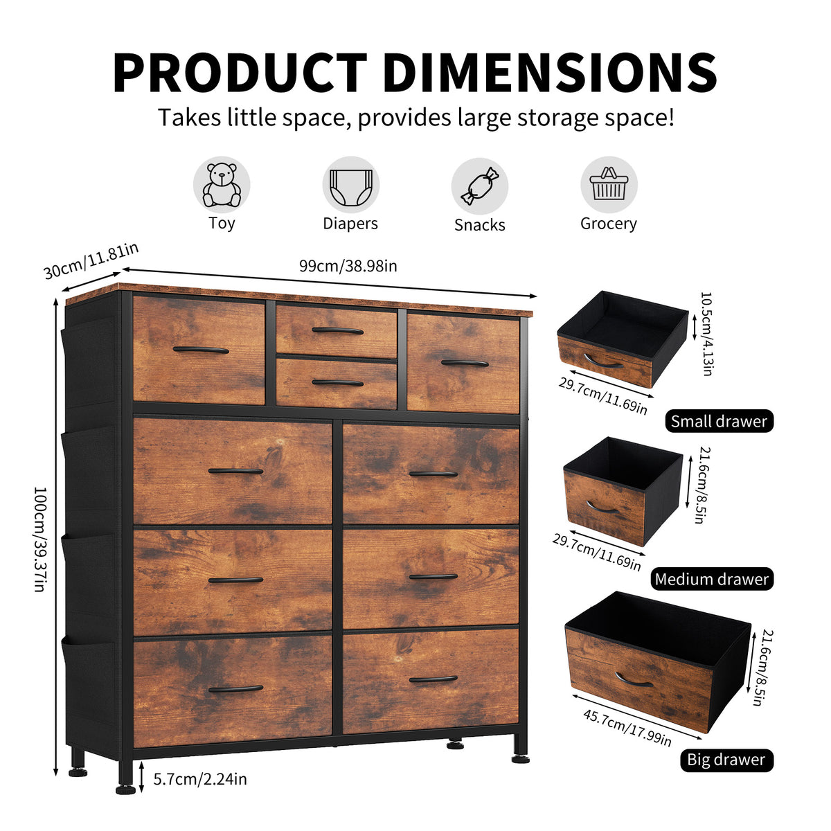 10-Drawer Dresser With Side Pocket & Hooks, Storage Cabinet With Wood Top For Bedroom Closet Organization - Nook & Nest
