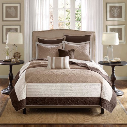 7 Piece Quilt Set With Euro Shams And Throw Pillows Beige FullQueen - Nook & Nest