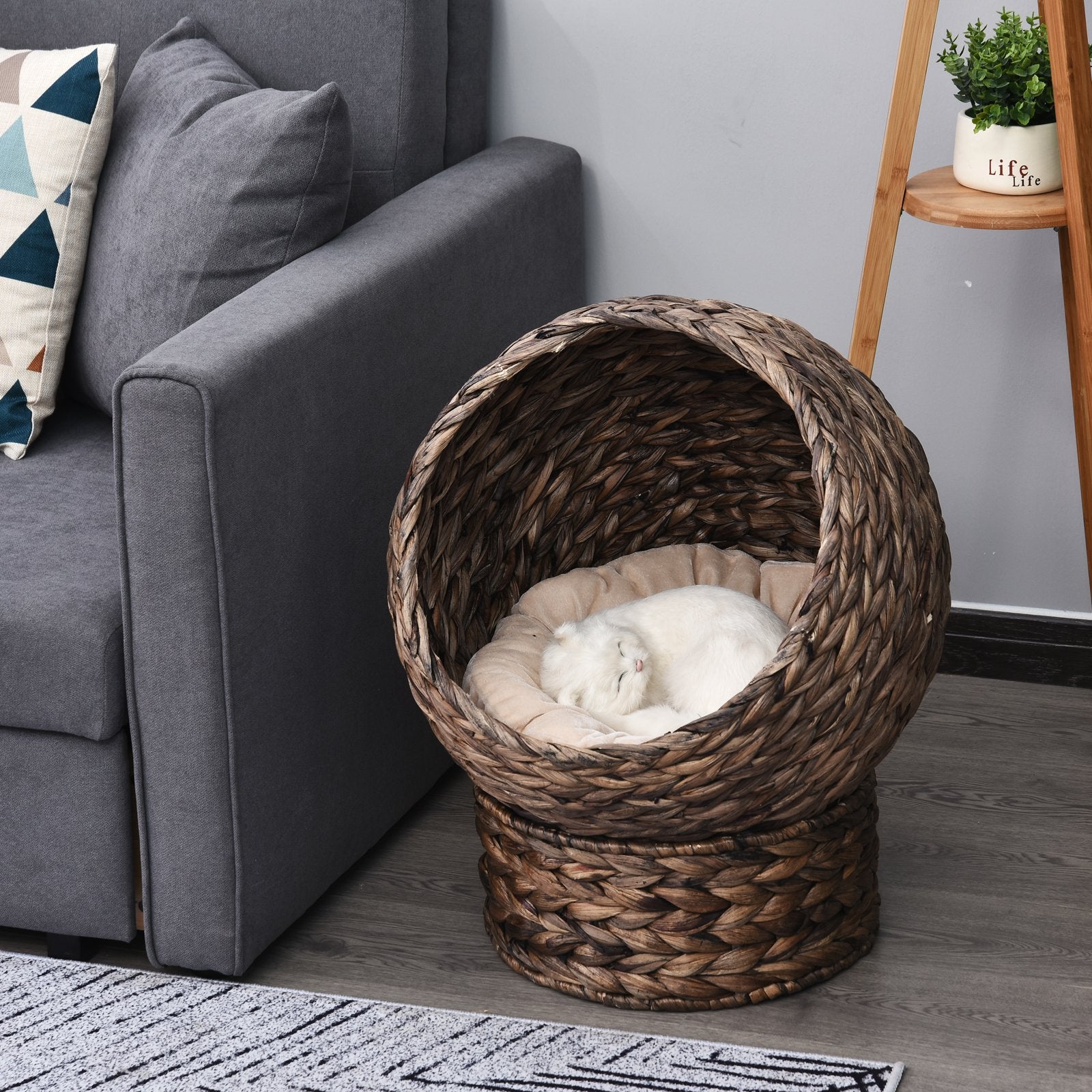 Handwoven Elevated Cat Bed: Cozy Wicker Cat Egg Chair with Soft Cushion and Rotating Basket - Nook & Nest
