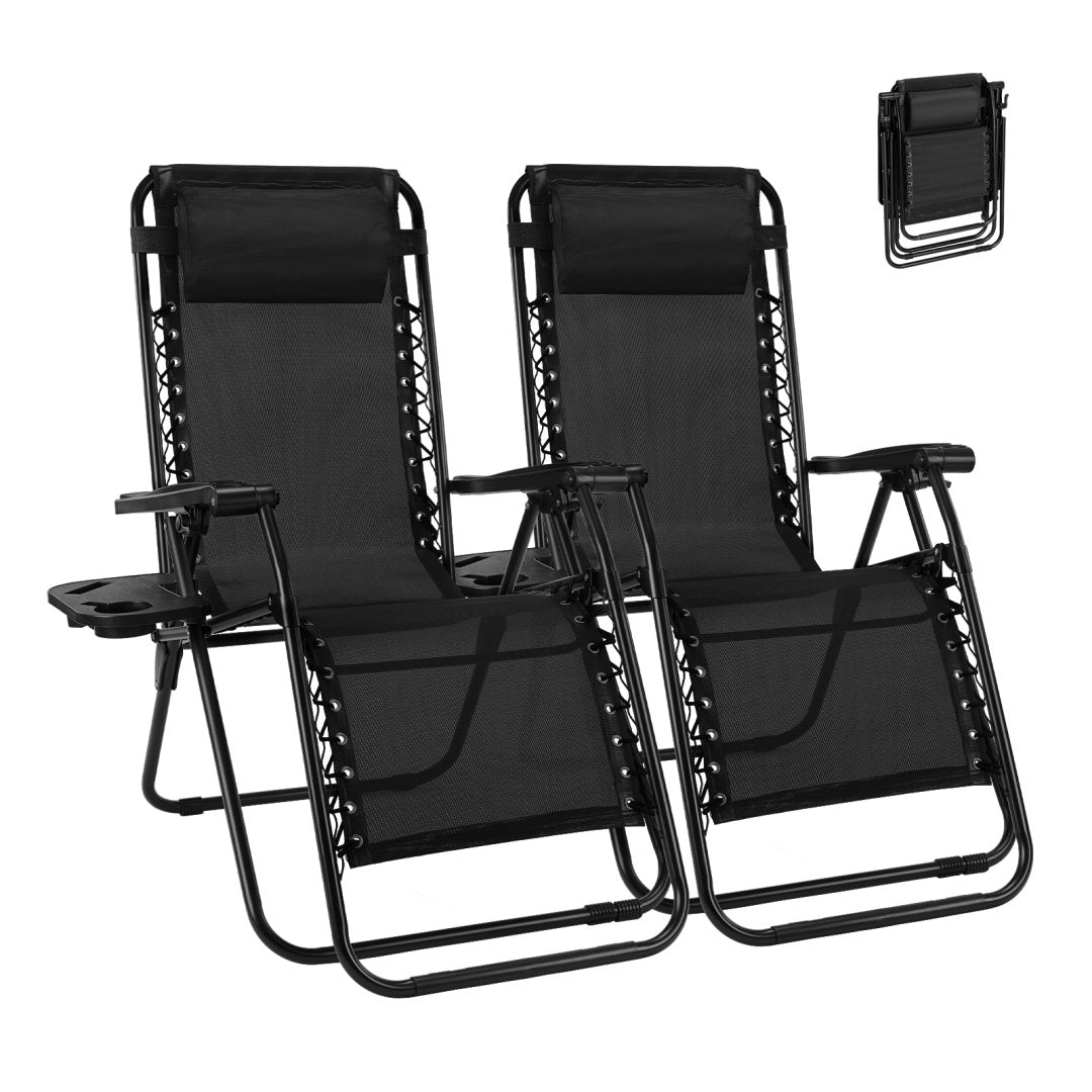 Outdoor Lounge Chairs, 2 Sets Patio Folding Recliners For Pool Beach With Pillow And Cup Holder - Nook & Nest