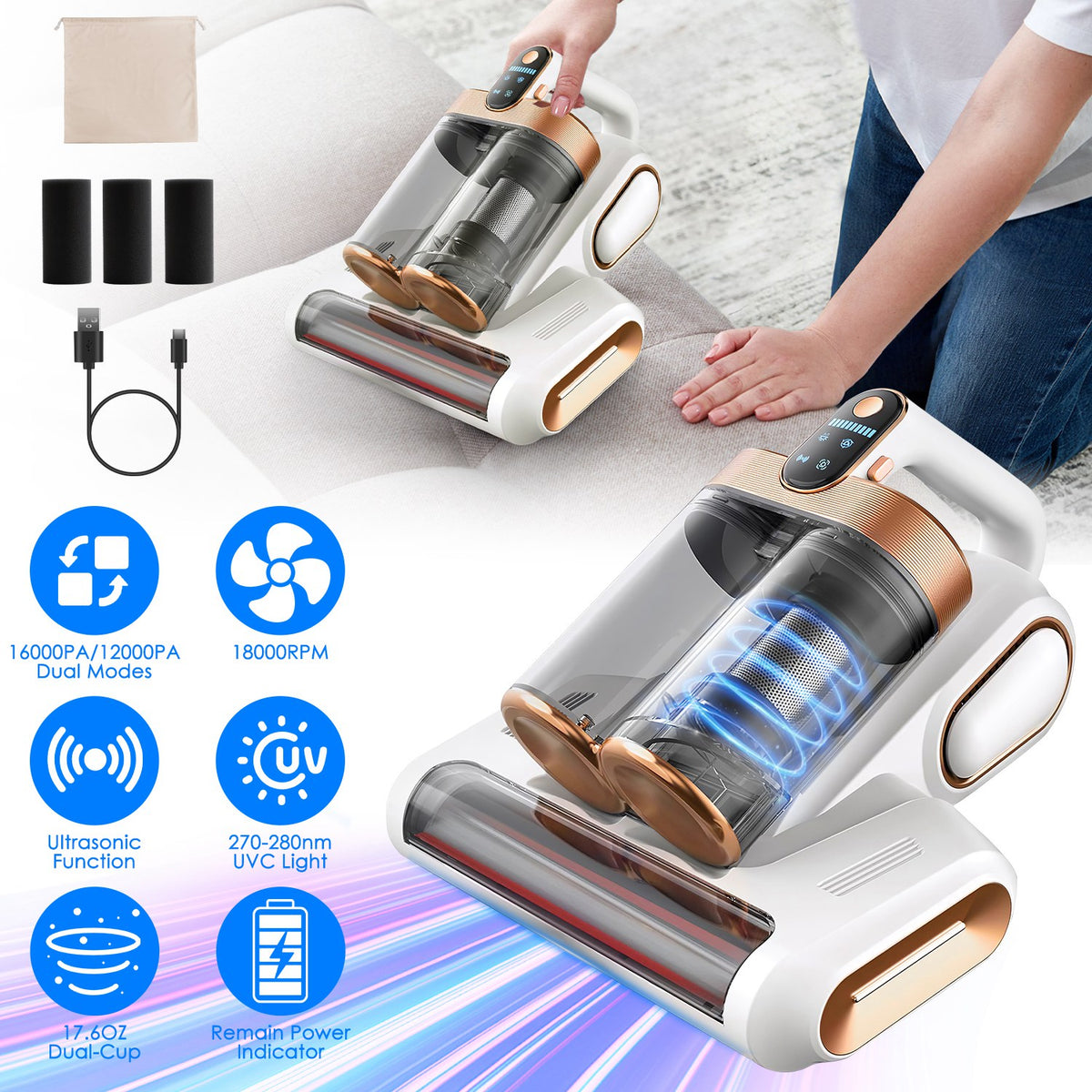 1Pc Mattress Vacuum Cleaner 16Kpa Bed Vacuum Cleaner Handheld Vacuums With Ultrasonic And UVC Light 18000 RPM Brushroll Rotation Dual Dust Bins Washable Filters For Bed Pillows Cribs Sofa - Nook & Nest