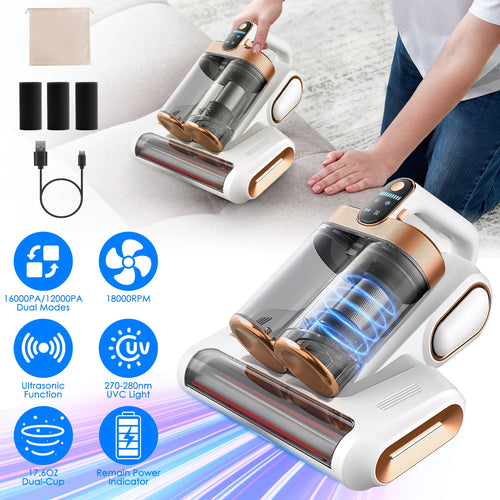 1Pc Mattress Vacuum Cleaner 16Kpa Bed Vacuum Cleaner Handheld Vacuums With Ultrasonic And UVC Light 18000 RPM Brushroll Rotation Dual Dust Bins Washable Filters For Bed Pillows Cribs Sofa - Nook & Nest