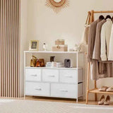 5-Drawer Dresser with Metal Frame – Fabric Drawers, Solid Wood Top, Be - Nook & Nest