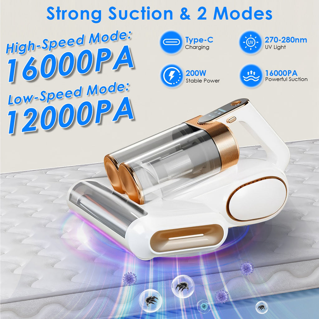 1Pc Mattress Vacuum Cleaner 16Kpa Bed Vacuum Cleaner Handheld Vacuums With Ultrasonic And UVC Light 18000 RPM Brushroll Rotation Dual Dust Bins Washable Filters For Bed Pillows Cribs Sofa - Nook & Nest