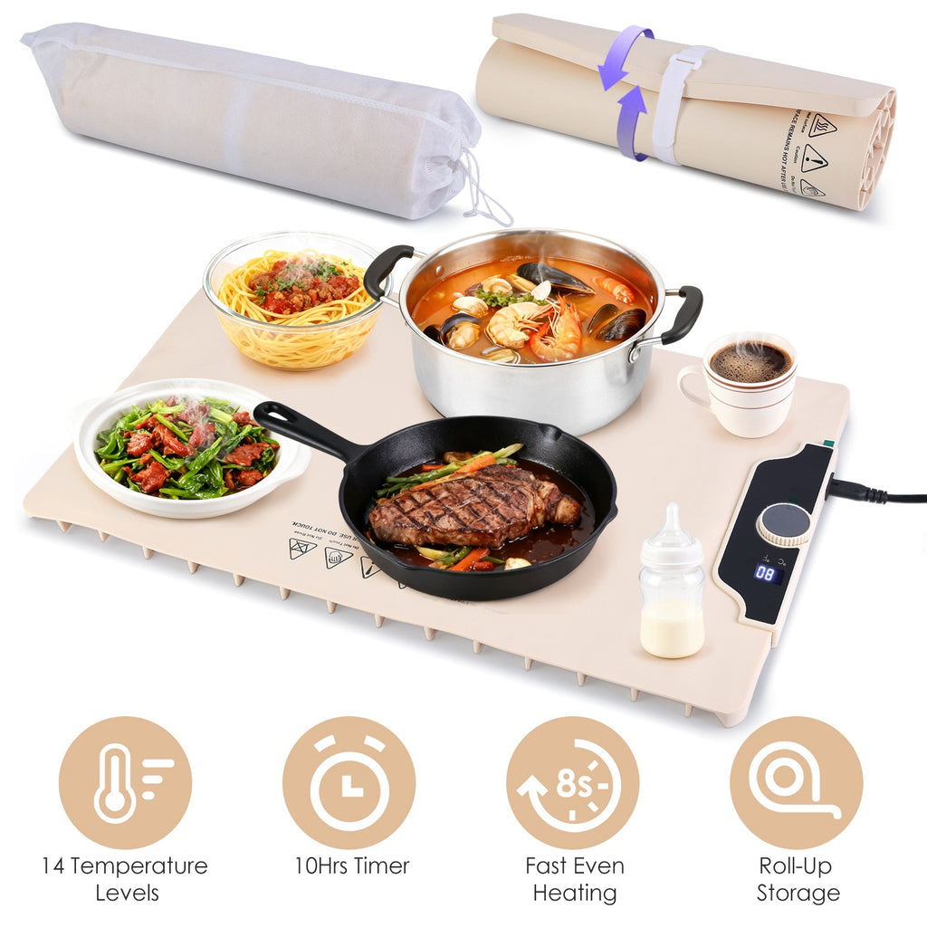 Food Warming Mat 23.6X15.8In 300W Fast Heating Electric Silicone Food Warmer With 14 Temp Levels 10Hrs Timer Settings Roll-Up Portable Hot Plates Heat Pad For Parties Buffet - Nook & Nest